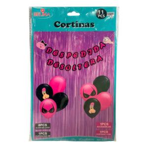 Globo látex, guirnalda y cortina Belina despedida de soltera set 11 piezas