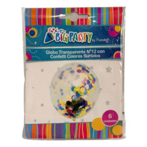 Globo látex transparente Big Party N° 12 confetti colores surtidos 6 uds