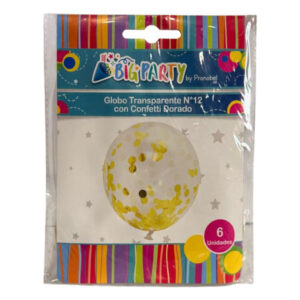 Globo látex transparente Big Party N° 12 confetti dorado 6 uds