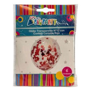 Globo látex transparente Big Party N° 12 confetti corazón rojo 6 uds