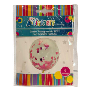 Globo látex transparente Big Party N° 12 confetti rosado 6 uds