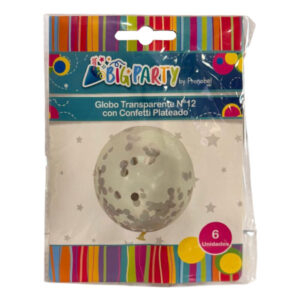 Globo látex transparente Big Party N° 12 confetti plateado 6 uds