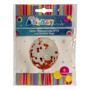 Globo látex transparente Big Party N° 12 confetti rojo 6 uds