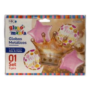 Globo metálico Feco Festivity corona y estrellas rosadas set 5 piezas