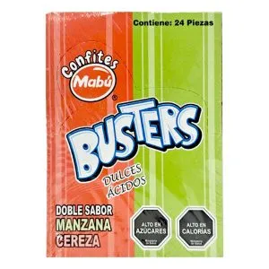 Caramelos ácidos Busters manzana cereza Mabú display 24 uds