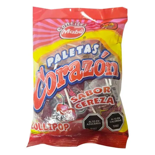 Caramelos paletas Corazón Mabú sabor cereza bolsa 24 uds