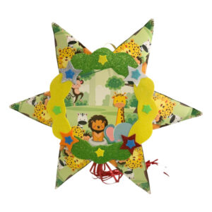 Piñata artesanal 6 puntas Animales de la selva 70×70 cms