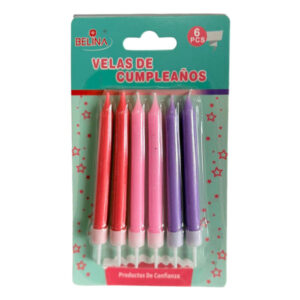 Vela cumpleaños Belina colores rojo, rosa y lila 6 uds
