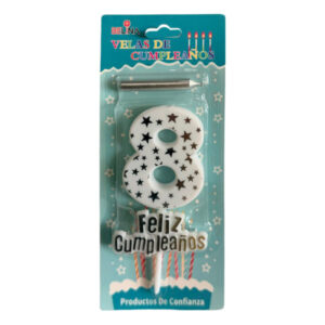 Vela cumpleaños Belina con estrellas plateadas N° 8