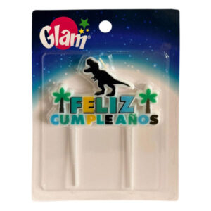Vela cumpleaños Glam “Feliz Cumpleaños” Dinosaurio